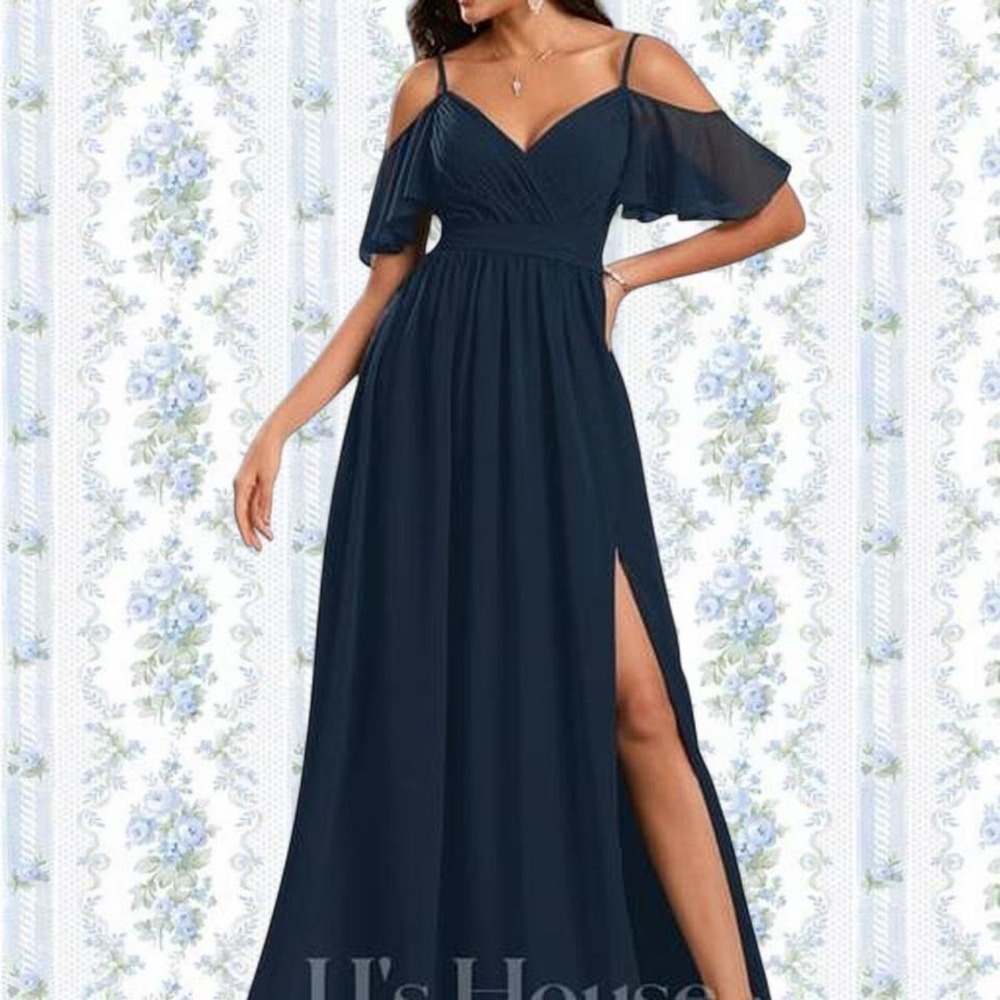 JJ's House Women's 8 Navy Blue Bridesmaid Prom Dress V-neck Off the Shoulder